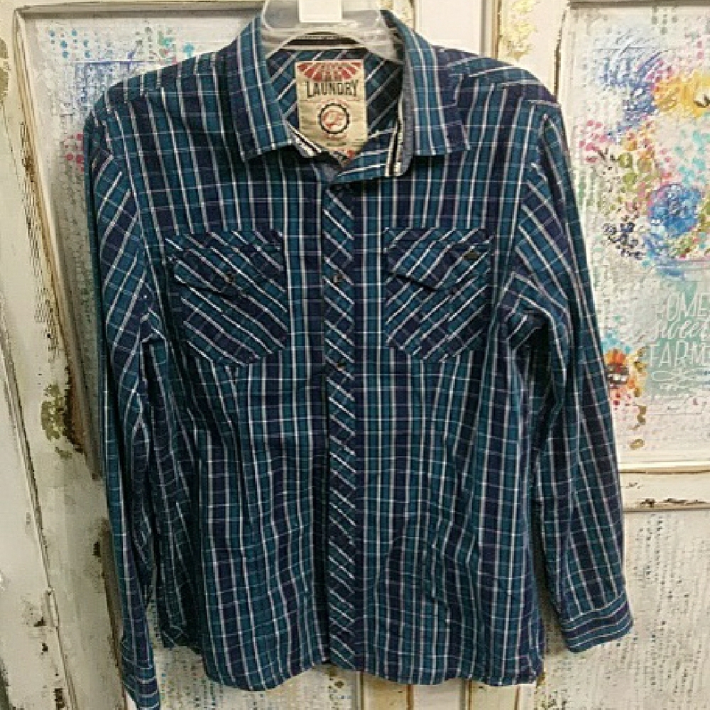 Tokyo Laundry Men's Blue Plaid Button-Up Shirt.